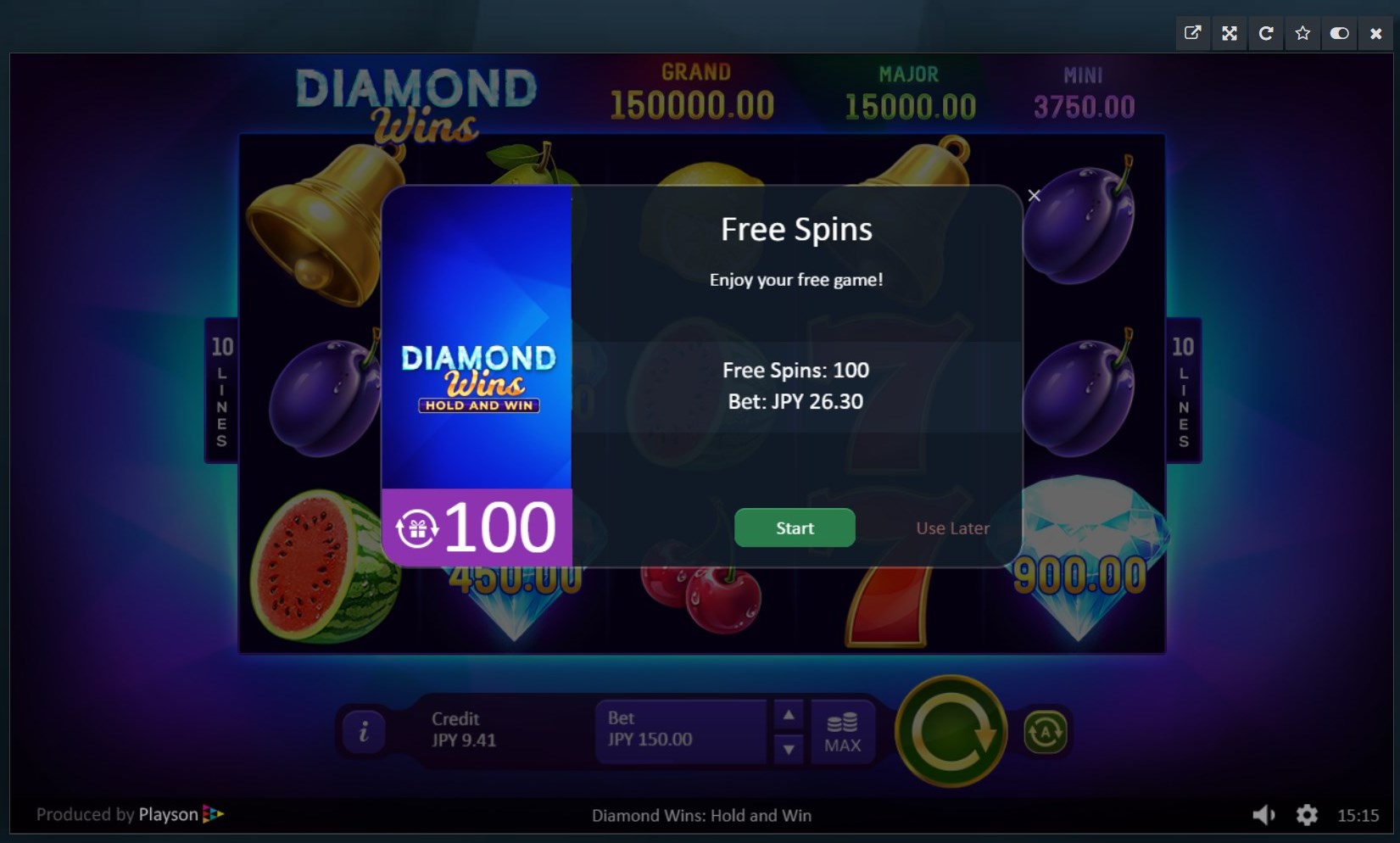 1XBETの当サイト限定オリジナルの入金不要ボーナスと入金ボーナスのボーナスコードをご紹介 9 Diamond Winsスピン額